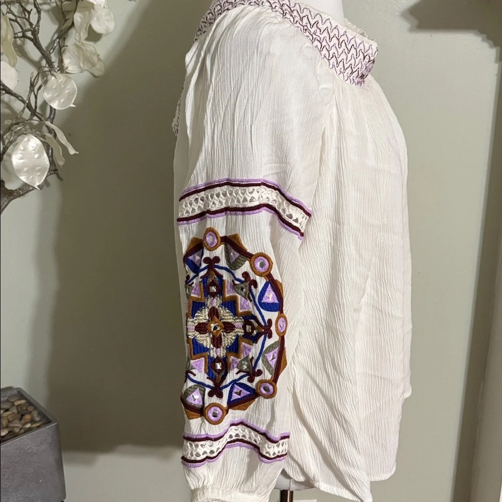 INC International Concepts Cream Blouse Purple Embroidery